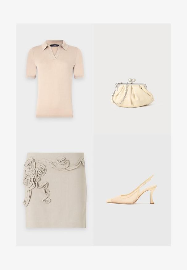 Beige Poloshirt mit kurzen Ärmeln aus weichem Strickstoff. Mit V-Ausschnitt und gerippten Bündchen. Glatte Textur mit taillierter Form.; Beige Leinenrock mit strukturierten Stoffrosenapplikationen und gewundenen Banddetails für eine dimensionale Optik. Glatte Oberfläche.; Slingback-Pumps aus leicht beigem Netzmaterial mit spitzem Schuhkopf und schlankem, geschwungenem Absatz, versehen mit einem minimalistischen Schnallenakzent.; Faltige beigefarbene Ledertasche mit einem silbernen Metallrahmen, ausgestattet mit zwei runden dekorativen Verschlüssen und einem silbernen Kettenriemen.