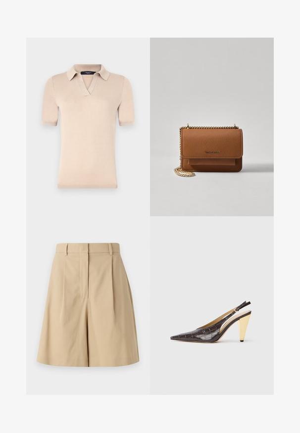 Beige kortærmet polo skjorte lavet af blødt strikket stof. Har en V-halskrave og ribbede manchetter. Glat tekstur med en tætsiddende form.; Beige plisserede shorts med høj talje, der har en glat overflade og ingen synlige lukninger, skræddersyet til en ren silhuet.; Spids-tå slingback hæl i mørkebrun blank fake krokodillelæder. Har en guldfarvet geometrisk hæl og justerbar ankelrem.; Brun tekstureret læder crossover-taske med guldkæde-rem og klaplukning. Forsiden har logo-detalje og en lomme under klappen.