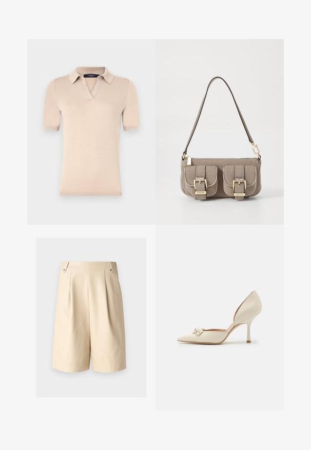 Béžová polokošeľa s krátkym rukávom vyrobená z mäkkej pleteniny. Má výstrih do V a rebrované manžety. Hladká textúra s priliehavým strihom.; Béžové plisované šortky s hladkou textúrou, ktoré majú dve bočné vrecká a strieborné kovové akcenty na páse.; Béžové kožené lodičky na vysokom podpätku s špicatou špičkou, dekoratívnou mašľou a štíhlym podpätkom. Hladká textúra s lesklým povrchom.; Bežová taška s textúrou a nastaviteľným popruhom, dve predné vrecká zabezpečené prackami a zlaté kovové prvky. Zips na vrchu.