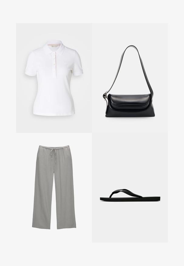 Witte polo met een klassieke kraag, korte mouwen, knoopsluiting met vijf knopen en subtiele tonale branding op de borst; van katoen.; Lichtgrijze wijde broek van zachte stof, met een elastische tailleband met een trekkoord en zijzakken.; Zwarte rubberen flip-flop sandaal met een getextureerde strap en een eenvoudige platte zool, zijaanzicht op een effen lichte achtergrond.; Zwarte leren handtas met een gestructureerde vorm, een gladde textuur en een enkele schouderband. Heeft een subtiele, afgeronde klepontwerp.
