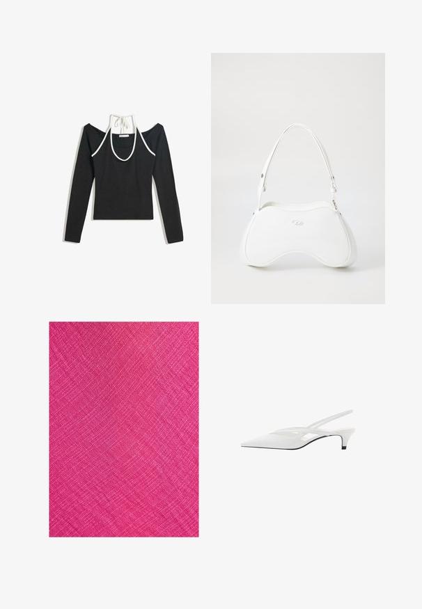 Black cold-shoulder long-sleeve top with a white halter neck strap tied at the back, laid flat on a white background.; Bright pink fabric with a textured surface, featuring a diagonal pattern and fine lines creating a woven appearance.; White slingback heel with pointed toe, featuring a smooth upper, subtle cutouts, and a low block heel. Black sole accentuates design.; White handbag with a smooth, glossy surface, curved shape, and a single adjustable strap. Features a logo embossed on the front.