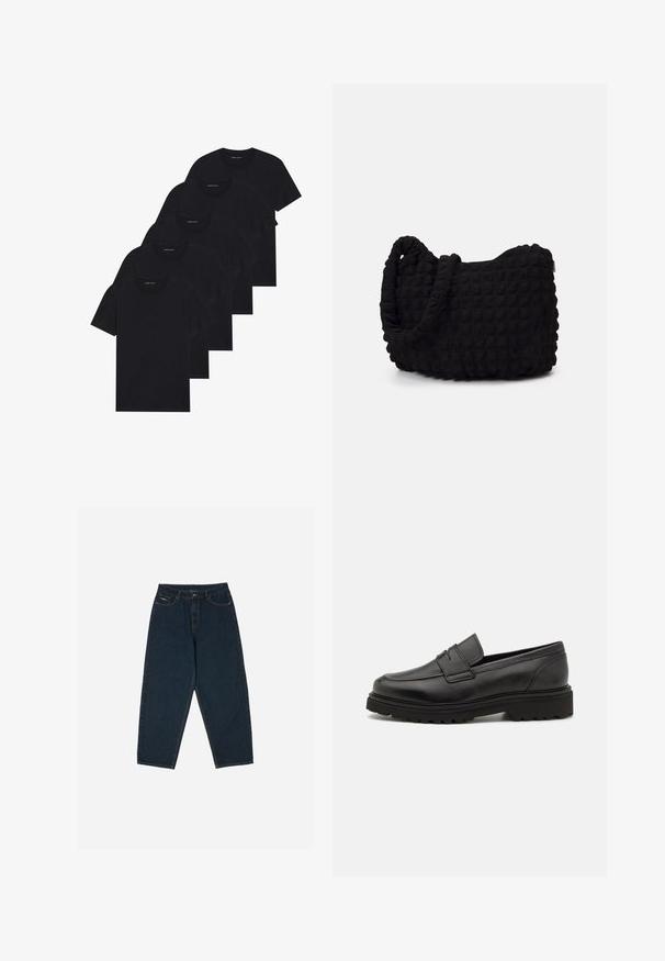 Pack of five black crew-neck t-shirts. Short sleeves, cotton material, standard fit. Smooth texture with no visible patterns or embellishments.; Dark blue high-waisted jeans with a relaxed fit, featuring five pockets and a button closure. Made from denim with a smooth texture.; Black leather loafer with a round toe, stitched detailing, and a thick, textured sole. Features a sleek, minimalist design.; Black fabric bag with a textured, quilted pattern. Rounded shape, short, thick handles, and a soft, flexible structure.