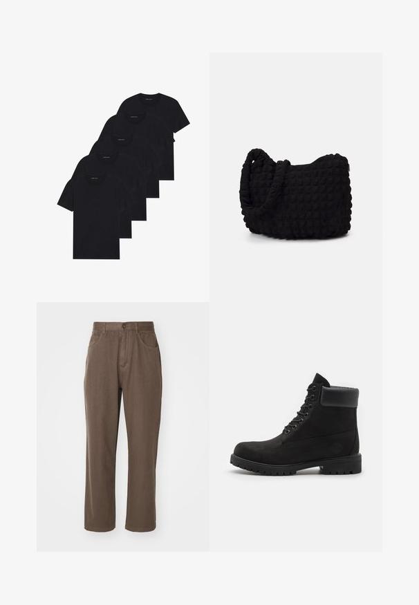 Pack of five black crew-neck t-shirts. Short sleeves, cotton material, standard fit. Smooth texture with no visible patterns or embellishments.; Brown cotton pants with a straight-leg design, featuring two front pockets, a zipper fly, and a button closure.; Black lace-up ankle boot with padded collar and rugged sole, shown in profile against a white background.; Black fabric bag with a textured, quilted pattern. Rounded shape, short, thick handles, and a soft, flexible structure.