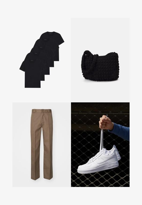 Pack of five black crew-neck t-shirts. Short sleeves, cotton material, standard fit. Smooth texture with no visible patterns or embellishments.; Brown trousers with a flat front design, straight legs, and a classic waistband. Made of durable fabric, featuring no visible patterns or embellishments.; White leather sneakers with perforations, round toe, flat sole, and thick laces, featuring a visible swoosh logo and "AIR" on the heel.; Black fabric bag with a textured, quilted pattern. Rounded shape, short, thick handles, and a soft, flexible structure.