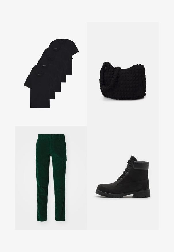 Pack of five black crew-neck t-shirts. Short sleeves, cotton material, standard fit. Smooth texture with no visible patterns or embellishments.; DOCKERS SLIM TAPERED - Cargo trousers - deep forest; Black lace-up ankle boot with padded collar and rugged sole, shown in profile against a white background.; Black fabric bag with a textured, quilted pattern. Rounded shape, short, thick handles, and a soft, flexible structure.