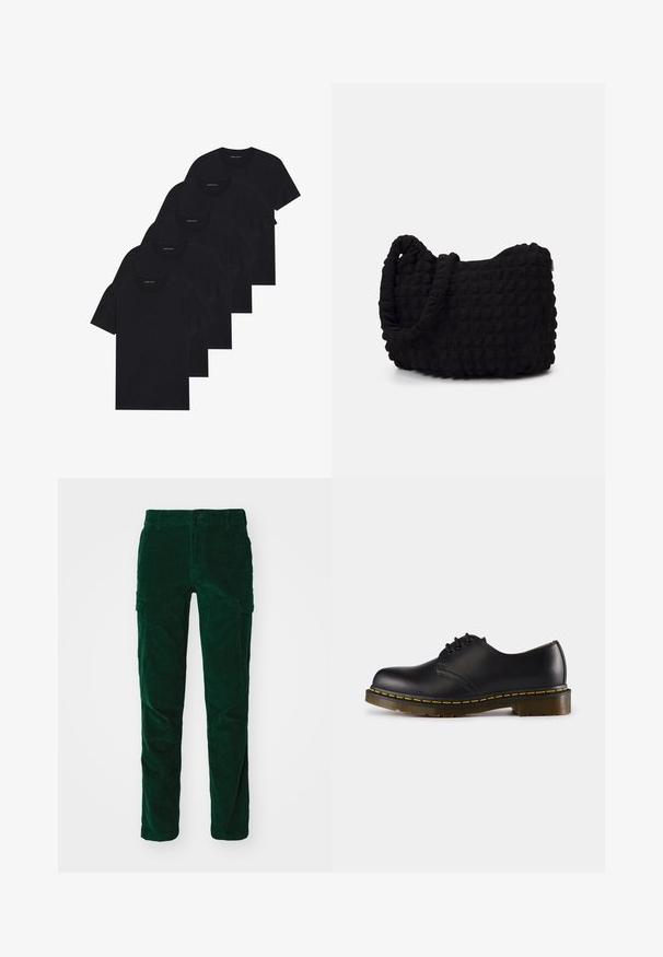 Viie musta ümarakaelusega T-särgi pakk. Lühikesed varrukad, puuvillane materjal, tavaline lõige. Sile tekstuur, ilma nähtavate mustrite või kaunistusteta.; DOCKERS SLIM TAPERED - Kargopüksid - deep forest; Musta nahkne saabas ümarate varvastega, nööridega kinnise disainiga, kollase õmblusega tallal ja paksu, tekstuurse kummist tallaga.; Must mustkott, millel on tekstuuriga tikitud muster. Ümar kuju, lühikesed ja jämedad sangad ning pehme, paindlik struktuur.