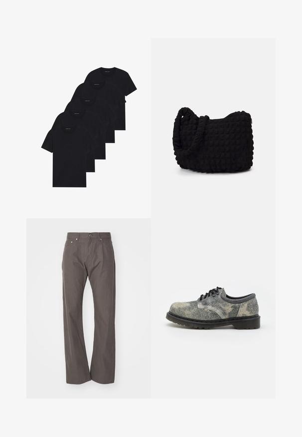 Pack of five black crew-neck t-shirts. Short sleeves, cotton material, standard fit. Smooth texture with no visible patterns or embellishments.; Weekday SPACE RELAXED STRAIGHT - Trousers - dark mole; Lace-up shoe made of textured gray fabric with black accents, a thick rubber sole, and white stitching details. Rounded toe design.; Black fabric bag with a textured, quilted pattern. Rounded shape, short, thick handles, and a soft, flexible structure.