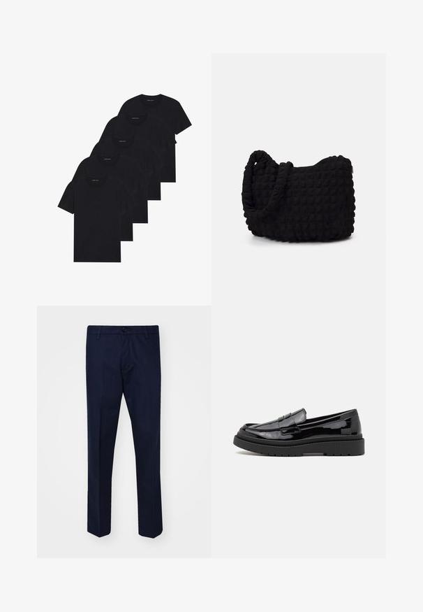 Zes zwarte t-shirts met ronde hals in een verpakking van vijf. Korte mouwen, van katoen, met een standaard pasvorm. Gladde textuur zonder zichtbare patronen of versieringen.; Navyblauwe broek van een gladde stof, met rechte pijpen, een knoopsluiting en voorzakken.; Zwarte gepatineerde leren loafers met een ronde neus, een decoratieve band en een dikke zwarte rubberen zool. Glad glanzend oppervlak met minimale stiksels.; Zwarte stoffen tas met een gestructureerd, gewatteerd patroon. Rondvormig, korte, dikke handvatten en een zachte, flexibele structuur.