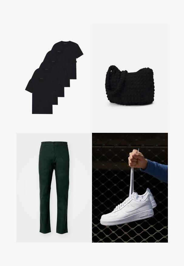 Viie musta ümarakaelusega T-särgi pakk. Lühikesed varrukad, puuvillane materjal, tavaline lõige. Sile tekstuur, ilma nähtavate mustrite või kaunistusteta.; Tumed roheline puuvillane püksid sirge lõikega, nupuga kinnitamine ja viis taskut. Sile tekstuur, ilma nähtavate mustrite või kaunistusteta.; Valged nahast tennisetossud, millel on perforatsioonid, ümar nina, lame tallus ja paksud nöörid, nähtava swooshi logoga ja "AIR" kontsadel.; Must mustkott, millel on tekstuuriga tikitud muster. Ümar kuju, lühikesed ja jämedad sangad ning pehme, paindlik struktuur.