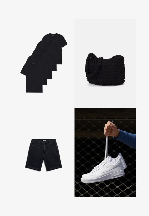 Zes zwarte t-shirts met ronde hals in een verpakking van vijf. Korte mouwen, van katoen, met een standaard pasvorm. Gladde textuur zonder zichtbare patronen of versieringen.; Zwarte denim shorts met een rechte snit, subtiele vervaging, opgerolde zomen, vijfzakkenontwerp en een enkele knoopsluiting bij de taille.; Witte leren sneakers met perforaties, ronde neus, vlakke zool en dikke veters, met een zichtbare swoosh-logo en "AIR" op de hiel.; Zwarte stoffen tas met een gestructureerd, gewatteerd patroon. Rondvormig, korte, dikke handvatten en een zachte, flexibele structuur.