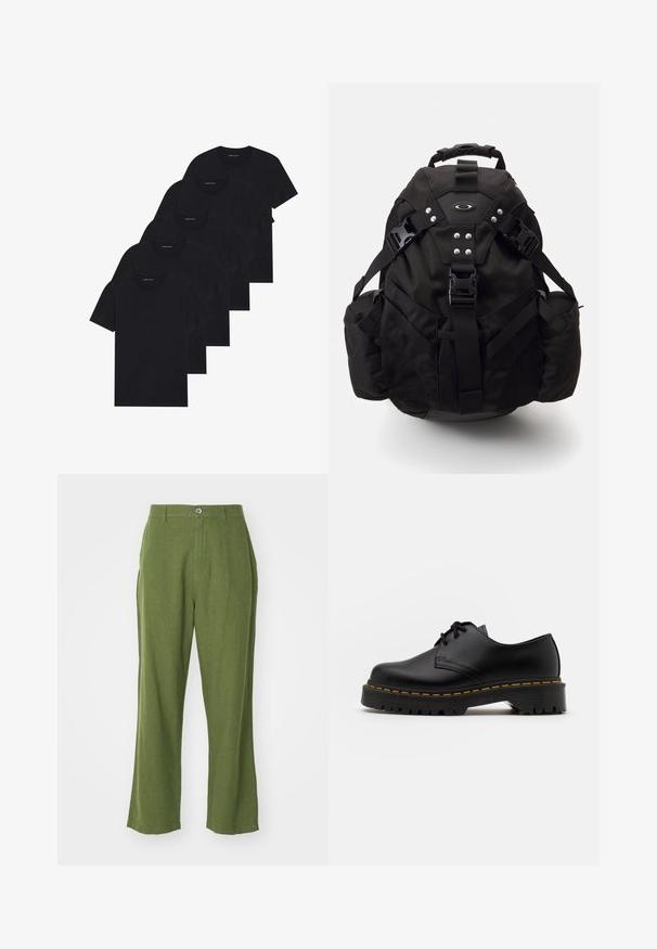 Förpackning med fem svarta t-shirts med rund halsringning. Korta ärmar, i bomull, standard passform. Slät textur utan synliga mönster eller dekorationer.; Gröna linbyxor med rak bendesign, med framfickor, knappstängning och sidofickor. Mjuk textur och minimal detaljering.; Svart läder snörsko med rundad tå, texturerad gummisula och gul söm runt basen. Platt design och slät yta.; Svart utomhusryggsäck med vadderade remmar, flera fickor och metallaccenter. Har ett slitstarkt tyg och nätfickor på sidorna.