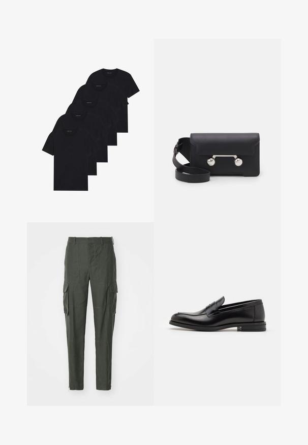 Pack von fünf schwarzen Rundhals-T-Shirts. Kurze Ärmel, Baumwollmaterial, normale Passform. Glatte Textur ohne sichtbare Muster oder Verzierungen.; Cargo-Hosen aus dunkelgrünem Material, mit mehreren Seitentaschen, geradem Schnitt und einem Reißverschluss am Knöchel für eine verstellbare Passform.; Schwarze Lederloafers mit glatter Textur, rundem Zehenbereich und einem dekorativen Riemen über dem Vorderfuß. Niedriger, gestapelter Absatz, minimalistisches Design.; Schwarze Leder-Umhängetasche mit Klappenverschluss, silberfarbener Hardware und zwei runden Akzenten. Verfügt über einen abnehmbaren Schulterriemen. Glatte Textur.