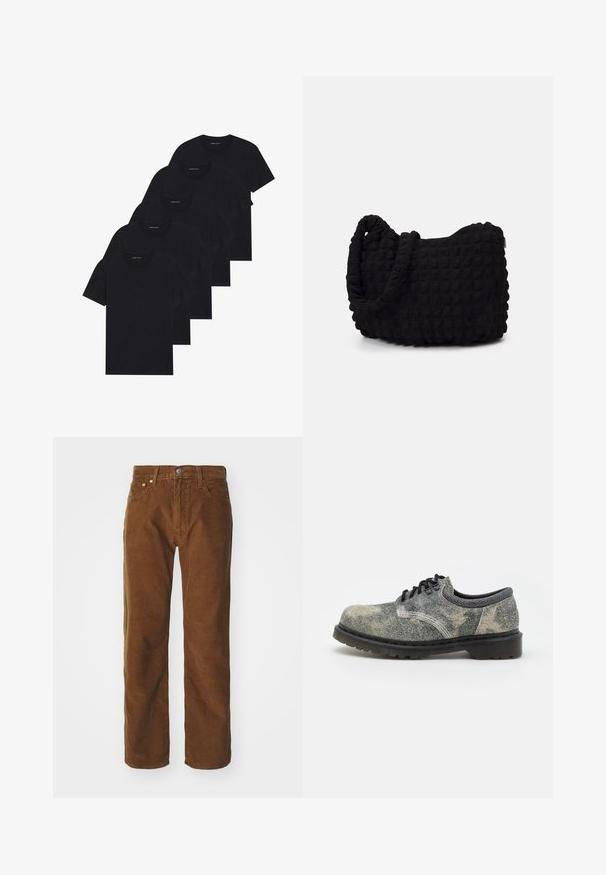 Balení pěti černých triček s kulatým výstřihem. Krátké rukávy, bavlněný materiál, standardní střih. Hladký povrch bez viditelných vzorů nebo ozdob.; Levi's® Džíny Straight Fit - karla brown; Šněrovací bota vyrobená z texturované šedé tkaniny s černými akcenty, silnou gumovou podrážkou a bílými švy. Design s kulatou špičkou.; Černá látková taška s texturovaným, prošívaným vzorem. Zaoblený tvar, krátké, silné uchy a měkká, flexibilní struktura.