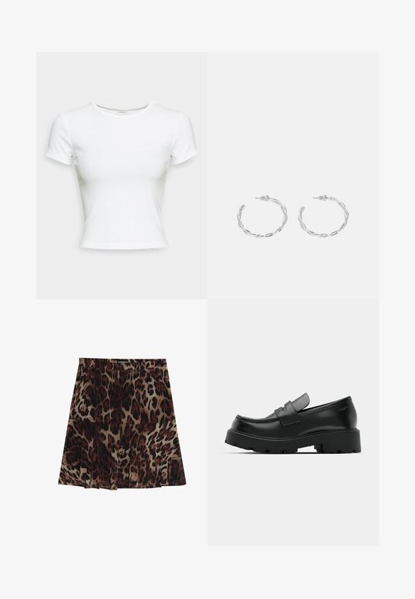 Witte T-shirt met korte mouwen, gemaakt van gladde katoenstof. Het heeft een eenvoudige ronde halslijn en een aansluitende snit. Geen patronen of accenten.; Midi-jurk met luipaardprint en een geplooid ontwerp, met een beige basiskleur en donkere bruine en zwarte vlekken. Elastische tailleband voor een goede pasvorm.; Zwarte leren instappers met een chunky, gestructureerde zool, voorzien van een band over de voet en een gladde, gepolijste afwerking.; Zilveren creolen met een gedraaide ontwerp, voorzien van een gepolijste afwerking en een post-back sluiting. Meet ongeveer 3 cm in diameter.