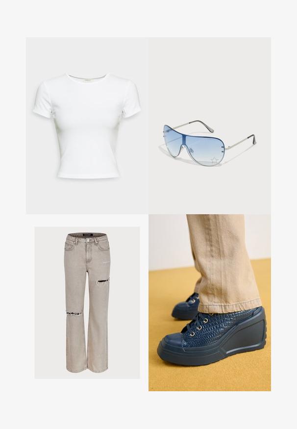 Hvit t-skjorte med korte ermer laget av glatt bomullsstoff. Den har en enkel, rund hals og en tettsittende fasong. Ingen mønstre eller detaljer.; Lys grå jeans i en avslappet passform, med slitte detaljer og hull ved knærne samt en falmet tekstur. Inkluderer fem lommer og beltehemper.; Marine kilehæl-sko med teksturert krokodillemønster, gulløyler og gummitåhette, sammen med beige stoffbukser.; Pilotbriller med gradient blå linse, sølvfarget metallramme og dekorative stjerneaksenter på linsen. Glatt og stilren design.