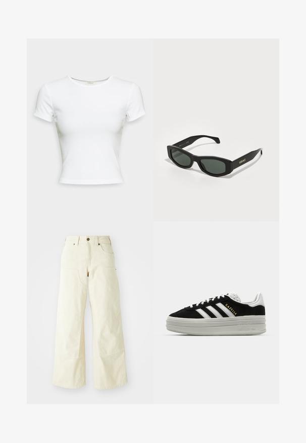 Vit t-shirt med kort ärm tillverkad av mjukt bomullstyg. Den har en enkel rund halsringning och en åtsittande passform. Inga mönster eller dekorationer.; Beige vida byxor i bomull, med hög midja, stora framfickor och en mjuk textur med minimala sömnadsdetaljer.; Svarta mocka sneakers med vita läderdetaljer, tre vita ränder, platta snörningar och en tjock grå plattformssula. Guld "Gazelle"-logotyp.; Svarta rektangulära solglasögon med gröna linser, som har stora bågar och guld "VERSACE"-logotyp på stängerna.