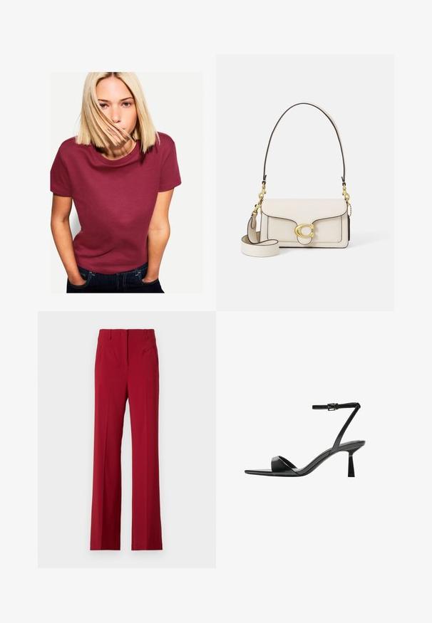 T-paita tummanpunaisesta puuvillasta, jossa on pyöreä kaula-aukko ja lyhyet hihat, hienostuneella tekstuurilla ja rentoa istuvuutta. Yhdistetty sinisiin farkkuihin.; Punaiset räätälöidyt housut suoranlahkeisella muotoilulla, joissa on etutaskut ja sileä kangas. Ei näkyviä kiinnityksiä tai koristeita.; Bershka Korolliset sandaalit - black; Kreemivärvi nahast käekott, millel on struktureeritud disain, kontrastsed mustad servad, kuldsed detailid ja eemaldatav rihm, millel on allkirja logo.