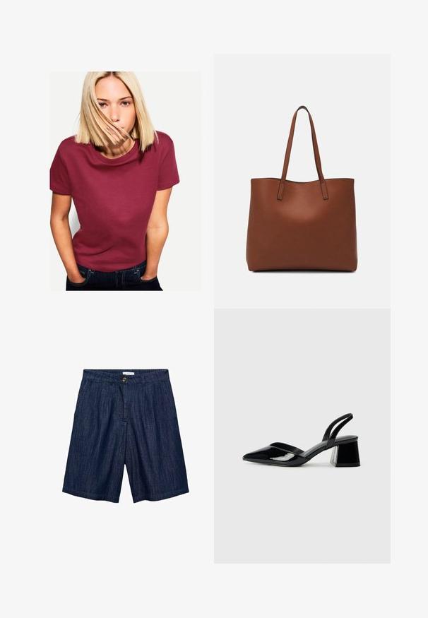 Bordeaux katoenen t-shirt met een ronde hals en korte mouwen, met een zachte textuur en een relaxte pasvorm. Draag het met blauwe jeans.; Donkerblauwe denimshorts met een rechte snit, plooien aan de voorkant, een knoopsluiting en twee zijzakken. Gladde textuur met subtiele stiksels.; Zwarte gepatineerde leren slingback hakken met een spitse neus en een geometrische blokhak. Kenmerkt zich door een slank, minimalistisch ontwerp en een gladde textuur.; Bruine leren tote bag met een gladde textuur, een ontwerp met een open bovenkant en twee schouderbanden. Kenmerkt zich door minimale stiksels en geen zichtbare hardware.
