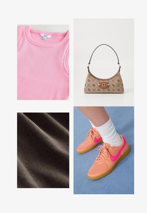 Világos rózsaszín csíkos ujjatlan felső, kerek nyakkivágással, puha tapintású és sima szélekkel, a nyakban "NEXT" felirattal.; Sötétbarna szövet sima, texturált felülettel, finom gyűrődésekkel és puha, matt megjelenéssel. Kiválóan alkalmas különböző textilipari alkalmazásokhoz.; Rózsaszín és narancssárga sneaker bőr és szövet felsőrésszel, kerek orral, gumitalpval és rózsaszín Nike logóval, kék felületen bemutatva.; Beige színű textil bevásárlótáska barna mintás kiegészítőkkel. Ívelt forma jellemzi, egyetlen pánttal rendelkezik, és elöl egy logópanel található ezüst fém kiegészítőkkel.