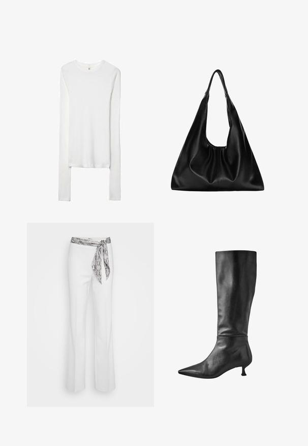 Biela dlhá tričko s dlhým rukávom vyrobené z mäkkého a elastického materiálu. Má zaoblený výstrih a priliehavé rukávy s jednoduchou, hladkou textúrou.; Biele nohavice so priliehavým pásom a vzorovanou šedou hadou stuhou zviazanou spredu. Dizajn s rozšírenými nohavicami a hladkou textúrou látky.; Čierne kožené čižmy po kolená s špicatou špičkou a malým blokovým podpätkom, s hladkou textúrou a elegantným siluetou.; Čierna kožená hobo taška s mäkkým, zakriveným tvarom. Má široké vrchné uško a nariasenie na spodnej časti, čo vytvára voľný vzhľad.