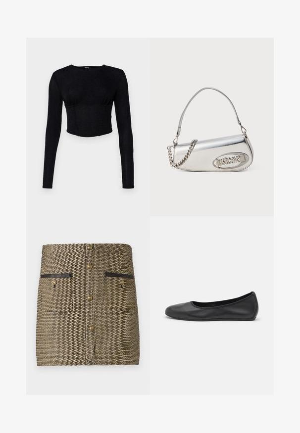 Zwarte lange mouwen crop top van gestructureerde stof, met een getailleerd ontwerp en plooidetails bij de buste.; Geweven rok met een zwart en gouden patroon, twee voorzakken met zwarte accenten en gouden knopen in het midden.; Zwarte leren ballerina met een ronde neus, gladde textuur, minimale stikdetails en een flexibele zoolontwerp.; Zilverkleurige metalen handtas met een afgeronde driehoekige vorm, voorzien van een logo, een kettingriem en een gladde textuur. Ritssluiting aan de zijkant.
