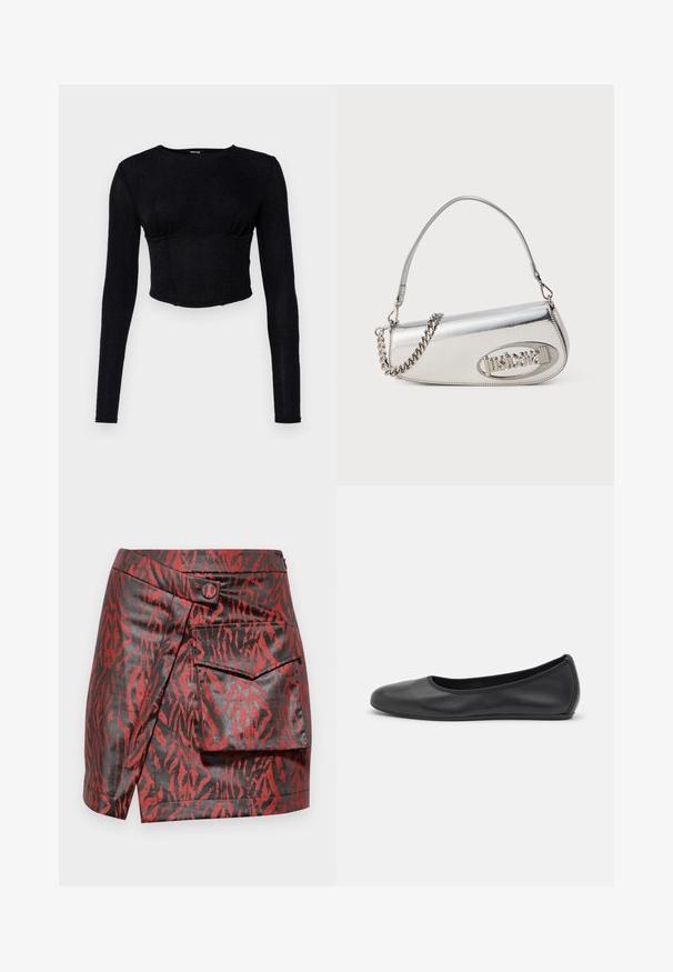 Svart langermet crop topp laget av teksturert stoff, med en tettsittende design og rynkedetaljer ved bysten.; Rød og svart faux skinn skjørt med tigermønster, omslagsdesign, frontknappdetalj og sidelomme.; Svart skinnballettflatt med rund tå, glatt tekstur, minimal sømdetalj, og et fleksibelt såledesign.; Sølv metallisk håndveske med en rundet trekantform, preget av en logo, kjedehåndtak og glatt tekstur. Glidelåslukking på siden.
