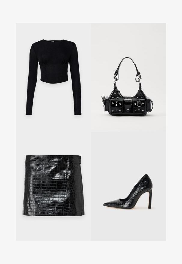 Fekete, hosszú ujjú crop top, texturált anyagból, testhez álló fazonnal és ráncolt részletekkel a mellen.; Fekete, fényes vinil clutch táska krokodilbőr mintával, sima textúrával és felső cipzárral. Kompakt téglalap alakú.; Fekete hegyes orrú magassarkú cipő krokodilbőr textúrával, letisztult dizájnnal, magas tűsarkú és sima fekete belső résszel.; Fekete bőr kézitáska ívelt designnal, ezüst szegecsekkel, csattal és két oldalsó zsebbel. Állítható vállpánt a hordozási lehetőségekhez.