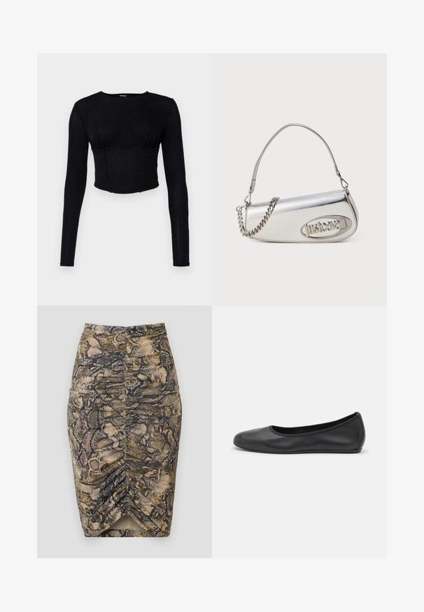 Fekete, hosszú ujjú crop top, texturált anyagból, testhez álló fazonnal és ráncolt részletekkel a mellen.; Beige, barna és fekete árnyalatú kígyóbőrmintás ceruza szoknya. Oldalt redőzött, alján hasíték található. Sima textúrájú.; Fekete bőr balettcipő lekerekített orral, sima tekstúrával, minimális varrással és rugalmas talp kialakítással.; Ezüst fémes kézitáska lekerekített háromszög alakú, logóval, láncos pánttal és sima textúrával. Oldalán cipzáras záródás.
