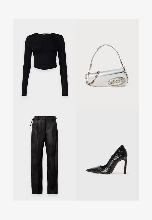 Melna garo piedurkņu topa daļa ar īsām piedurknēm, veidota no teksturēta auduma, ar pieguļošu dizainu un savelkošiem elementiem krūtīs.; Melna, augsta jostas izgriezuma bikses, izgatavotas no teksturēta materiāla. Piedāvā taisnu kāju, krokas un regulējamu auklu jostasvietā.; Melni augstpapēžu apavi ar norādītu purngalu, ar krokodila ādas tekstūru, izceļoties ar elegantu dizainu, augstu stiletto papēdi un gludu melnu interjeru.; Sudraba metāla rokas soma ar noapaļu trīsstūra formu, ar logotipu, ķēdes siksnu un gludu tekstūru. Sānos atverama ar rāvējslēdzēju.