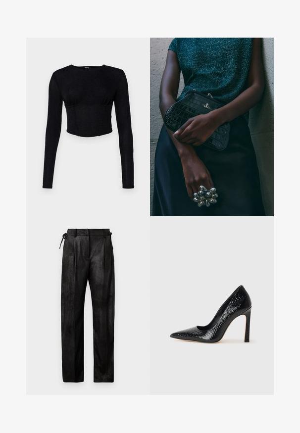 Crop top noir à manches longues en tissu texturé, avec une coupe slim et des fronces au niveau de la poitrine.; Pantalons noirs taille haute en matière texturée. Présente une jambe droite, des plis et un cordon de serrage ajustable à la taille.; Escarpin noir à bout pointu avec texture en cuir de crocodile, présentant un design élégant, un haut talon aiguille et un intérieur noir lisse.; Sac à main en cuir noir à motif crocodile avec des finitions en métal argenté, posé sur un fond texturé gris. Présente une surface brillante.