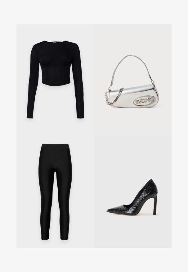 Musta pitkähihainen crop-top, joka on valmistettu teksturoidusta kankaasta. Siinä on istuva muotoilu ja rypytetty yksityiskohta rinnan kohdalla.; Just Cavalli SKINNY FOUSEUX - Leggingsit - black; Musta kapea nilkkakorkokenkä krokotiilin nahkakuviolla, joka on varustettu tyylikkäällä muotoilulla, korkealla stiletto-korkealla ja sileällä mustalla sisäosalla.; Hopealimetalliinen käsilaukku, jossa on pyöreä kolmio muoto, jossa on logo, ketjuhihna ja sileä pinta. Vetoketjukiinnitys sivussa.