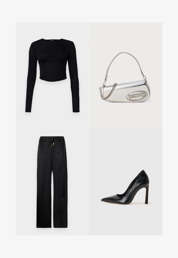 Černý dlouhý rukáv crop top vyrobený z texturované látky, s přiléhavým střihem a nabíranými detaily na prsou.; Černé kalhoty s širokými nohavicemi z hladké tkaniny se subtilním leopardím vzorem, s elastickým pasem a nastavovatelným stahováním na šňůrku.; Černý lodičkový bot s špičatou špičkou, pokrytý texturou krokodýlí kůže, s elegantním designem, vysokým stiletto podpatkem a hladkým černým interiérem.; Stříbrná metalická kabelka s zaobleným trojúhelníkovým tvarem, obsahující logo, řetízkový popruh a hladký povrch. Uzávěr na zip na boku.