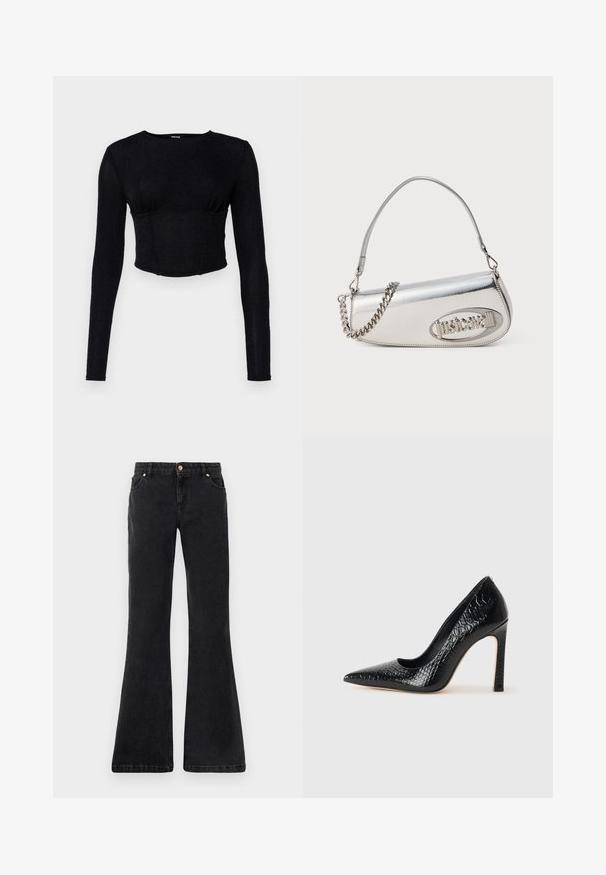 Must mustriga pikkade varrukatega crop-top, mis on valmistatud tekstureeritud kangast, millel on liibuv disain ja kogutud detailid rinnaosas.; Mustad mustad denim püksid viie taskuga, esiseotud nööbiga ja kontrastsetõmblustega. Kanga pind on sile.; Mustan teravaotsaga kõrge kontsaga king, millel on krokodillimustriga tekstuur, stiilne disain, kõrge stilettokonts ja sile must sisesisustus.; Hõbedane metallist käekott, millel on ümar kolmnurkne kujundus, millel on logo, kettrihm ja sile tekstuur. Küljel on lukuga sulgur.