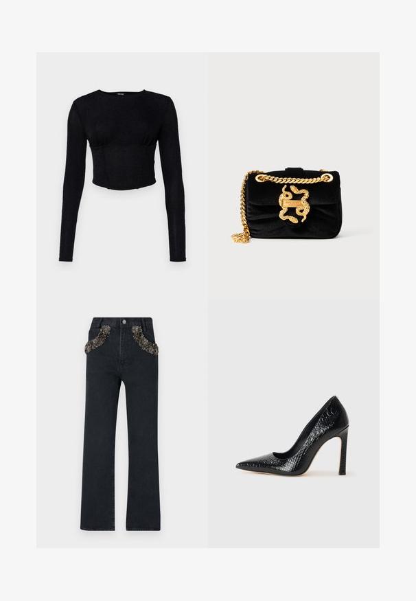 Černý dlouhý rukáv crop top vyrobený z texturované látky, s přiléhavým střihem a nabíranými detaily na prsou.; Tmavě modré džíny s rovnými nohavicemi, zdobené kapsami s propracovanými korálky a flitry.; Černý lodičkový bot s špičatou špičkou, pokrytý texturou krokodýlí kůže, s elegantním designem, vysokým stiletto podpatkem a hladkým černým interiérem.; Černá sametová kabelka se zlatým designem hada na klopě a řetízkem; má jemný, strukturovaný povrch a zavírání na přehyb.