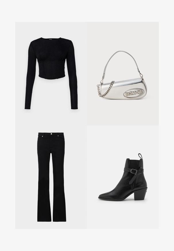 Crop top noir à manches longues en tissu texturé, avec une coupe slim et des fronces au niveau de la poitrine.; Jean évasé noir en denim, avec deux poches avant, une fermeture à bouton et une texture lisse. Couture signature visible aux coutures.; Botte de cheville en cuir noir avec bout pointu, talon bloc et détail de boucle sur le côté. Présente une texture lisse et une languette à l'arrière.; Sac à main métallique argenté avec une forme triangulaire arrondie, comportant un logo, une chaîne en bandoulière et une texture lisse. Fermeture éclair sur le côté.