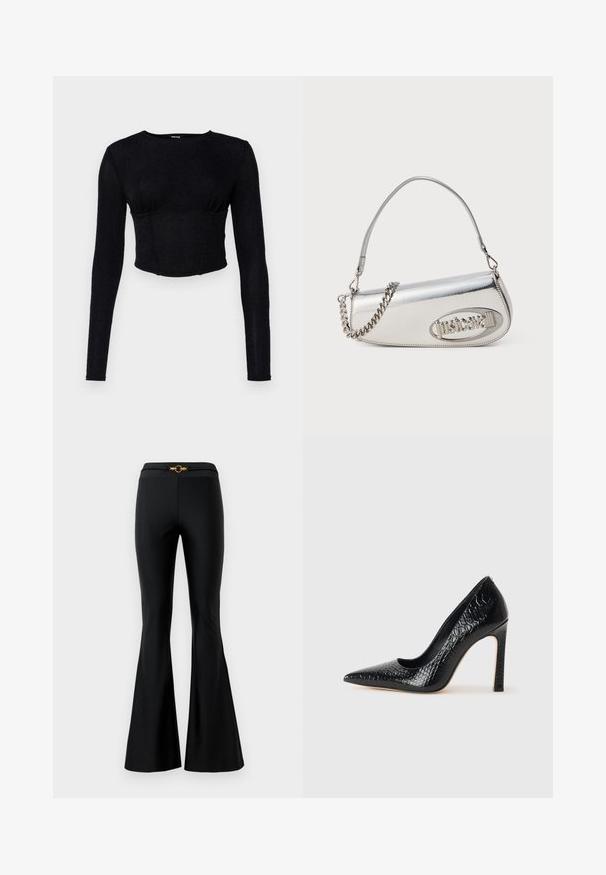 Fekete, hosszú ujjú crop top, texturált anyagból, testhez álló fazonnal és ráncolt részletekkel a mellen.; Fekete, széles szárú nadrág sima textúrával, amely illeszkedő derekú és elöl arany kör alakú díszítéssel rendelkezik. Rugalmas anyagból készült.; Fekete hegyes orrú magassarkú cipő krokodilbőr textúrával, letisztult dizájnnal, magas tűsarkú és sima fekete belső résszel.; Ezüst fémes kézitáska lekerekített háromszög alakú, logóval, láncos pánttal és sima textúrával. Oldalán cipzáras záródás.