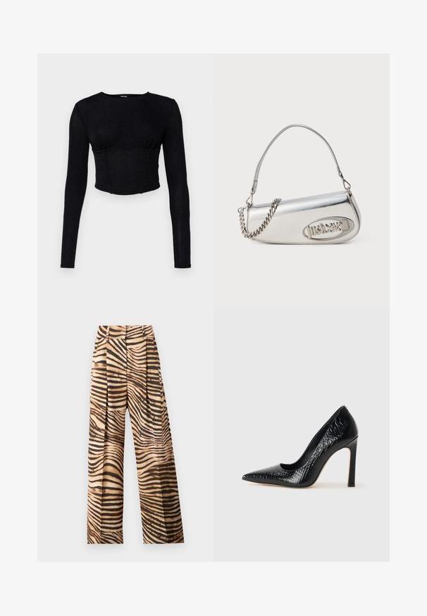 Juoda ilgomis rankovėmis trumpa palaidinė, pagaminta iš tekstūruoto audinio, su prigludusia forma ir surinkimu krūtinės srityje.; Plačiai apkirptos kelnės smėlio ir rudos zebro raštu, su raukiniais, aukštu liemeniu ir lygia, blizgia tekstūra.; Juoda smailiakulnė aukšto kulno bateliai su krokodilo odos tekstūra, pasižymintys elegantišku dizainu, aukštu stiletu kulnu ir lygia juoda vidine dalimi.; Sidabrinė metalinė rankinė apvalios trikampio formos, su logotipu, grandeline juosta ir lygiu paviršiumi. Užtrauktukas šone.