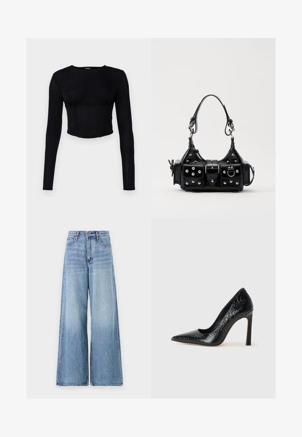 Czarny, długi rękaw, krótki top wykonany z teksturowanej tkaniny, z dopasowanym krojem i zbieranym wykończeniem przy biuście.; Jasnoniebieskie dżinsy o szerokich nogawkach wykonane z denimu. Cechują się wysokim stanem, dużymi, rozkloszowanymi nogawkami oraz standardowym wykończeniem z pięcioma kieszeniami i metalowymi akcesoriami.; Czarne szpilki z ostrym noskiem, pokryte teksturą skóry krokodyla, charakteryzujące się eleganckim wzornictwem, wysokim obcasem w stylu stiletto oraz gładkim czarnym wnętrzem.; Czarna skórzana torebka w zakrzywionym kształcie, z srebrnymi ćwiekami, klamrą i dwoma bocznymi kieszeniami. Regulowany pasek umożliwiający różne opcje noszenia.