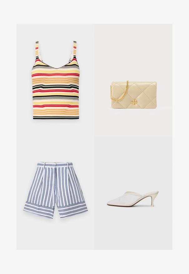 Csíkos, rövidített trikó széles vállpántokkal sárga, piros, fekete és krémszínű színekben. Bordás textúrájú, kerek nyakú.; Csíkos sort kék és fehér függőleges vonalakkal, széles szegéllyel és redőzött elülső dizájnnal. Könnyű anyagból készült.; Fehér hálós, hegyes orrú mules cipő, vékony, középmagas sarkával és slip-on kialakításával, egyszerű háttér előtt.; Bézs színű steppelt bőrtáska arany színű lánc pánttal és logó díszítéssel az elején. Simább tapintású, gyémántmintás varrással.