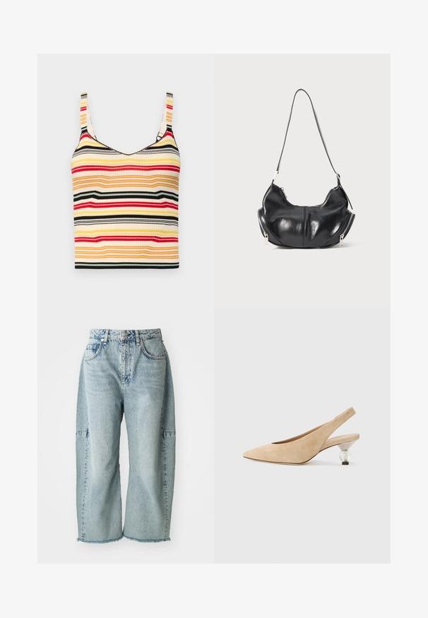 Prugasti kratki top s širokim naramenicama u žutoj, crvenoj, crnoj i krem boji. Rebrasta tekstura i okrugli dekolte.; Svijetloplave traperice imaju široke nogavice, razderane rubove i detalje u patchwork stilu. Izrađene su od mekanog, teksturiranog pamučnog materijala.; Bež suknjica sa slijedom s uskim vrhom i prozirnim, zaobljenim potplatom. Glatka tekstura i minimalistički dizajn.; Crna kožna torba u obliku polumjeseca s srebrnim patentnim zatvaračima s obje strane i jednim remenom.