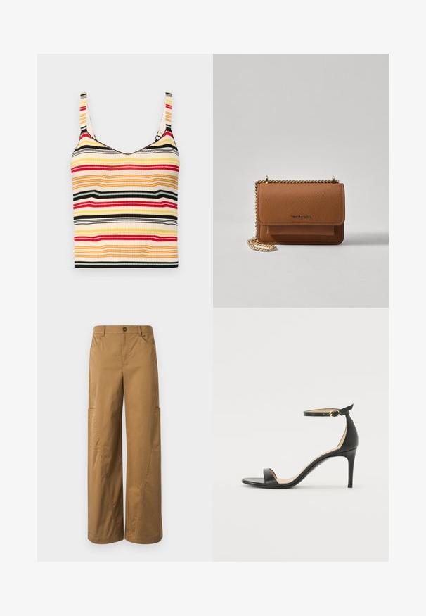 Csíkos, rövidített trikó széles vállpántokkal sárga, piros, fekete és krémszínű színekben. Bordás textúrájú, kerek nyakú.; Barna, bő szárú pamut nadrág, gombos záródással, oldalsó zsebekkel és feltűnő varrási részletekkel.; Fekete bőr magassarkú szandál bokapánttal. Simább textúrájú, nyitott orrú és vékony sarkú. Arany színű csat részlet.; Barna textúrájú bőr keresztbody táska arany lánc pánttal és fedélzárral. Az elején logó részlet és egy zseb található a fedél alatt.