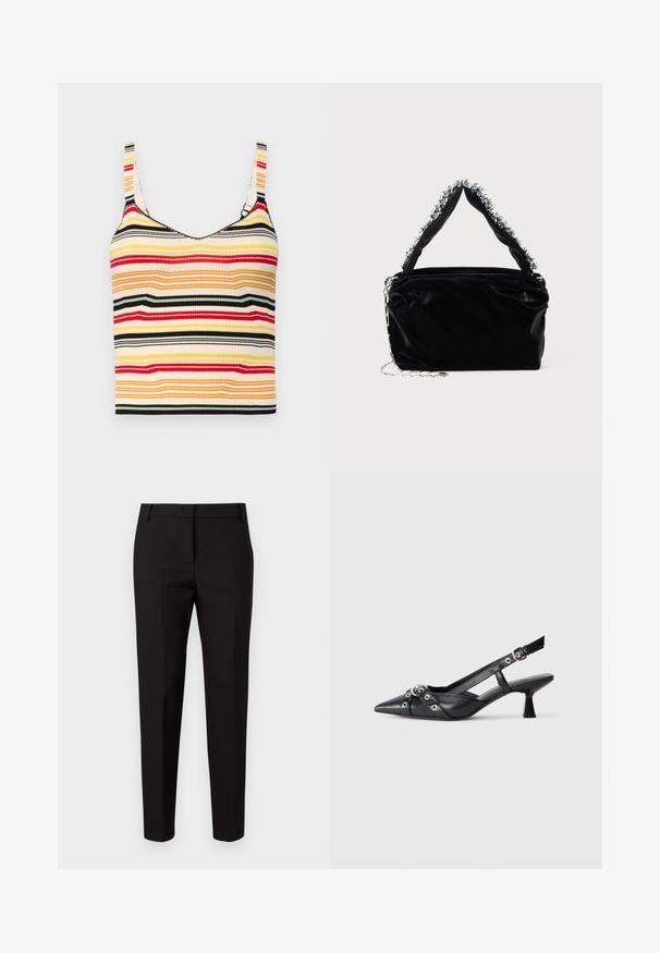 Top cropped cu dungi, cu bretele late, în culorile galben, roșu, negru și crem. Textură rigide și decolteu rotund.; MAX&Co. DISPLAY - Pantaloni - schwarz; Pantofii slingback din piele neagră, cu vârful ascuțit, curele decorative cu ochiuri din metal și toc bloc mic. Suprafață texturată.; Geantă din piele sintetică neagră cu un finisaj texturat, având un accent din mărgele argintii de-a lungul mânerului de sus și o curea din lanț.