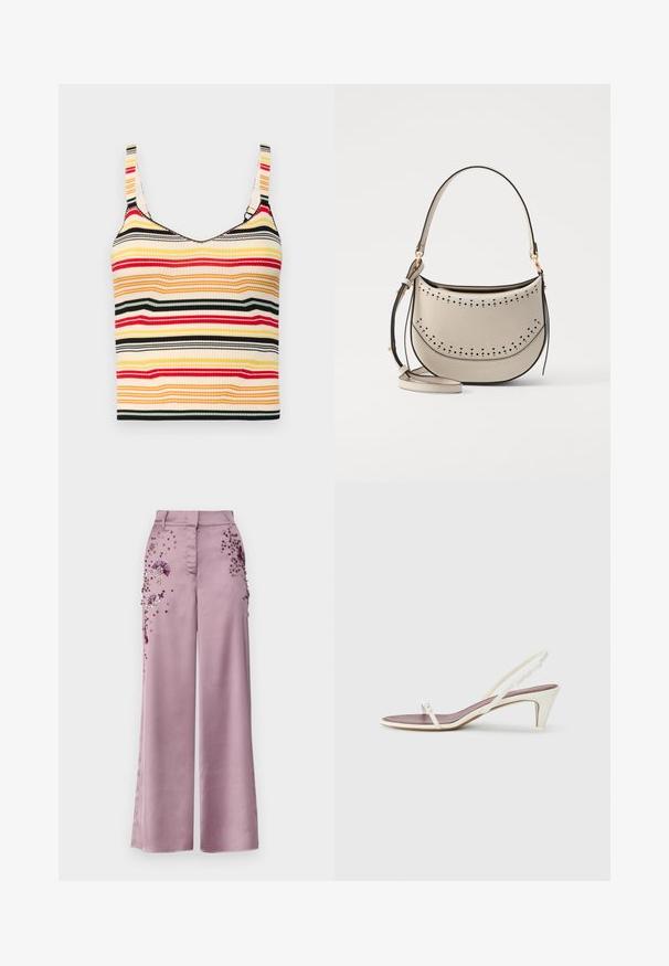 Svītrains īsās topiņš ar platām plecu siksnām dzeltenā, sarkanā, melnā un krēmkrāsas toņos. Ribota tekstūra un noapaļots kakla izgriezums.; MAX&Co. RONDA - Auduma bikses - malve; Baltas siksnas sandales ar nelielu papēdi, plānām siksniņām un gludu ādas tekstūru; ar nelielu dekoratīvu sprādzi.; Vanessa Bruno MINI DAILY BAG - Rokassoma - ivoire