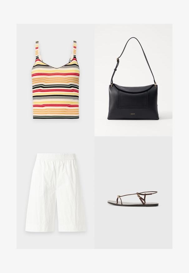 Gestreifter, verkürzter Tank-Top mit breiten Trägern in Gelb, Rot, Schwarz und Creme. Gerippte Textur und runder Ausschnitt.; Weiße, mittellange Shorts aus leichtem Stoff mit einem elastischen Bund und einer leicht zerknitterten Textur. Keine sichtbaren Muster oder Akzente.; Braune Leder-Sandale mit dünnen Riemen, einem goldenen, runden Akzent und einer flachen Sohle. Minimalistisches Design mit einem verstellbaren Schnallen-Detail.; Schwarze Ledertasche mit strukturierter Form, einem Umschlagverschluss und einer Fronttasche. Sie verfügt über einen schmalen Riemen und goldfarbene Hardware-Details.