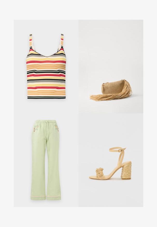 Triibuline lühike top laia õlavarrega kollases, punases, mustas ja kreemjas värvikes. Ribakudumine ja ümar kaelus.; Heled roheline, vabalt lõikega püksid elastse vöökoha ja nööriga. Ees on lilleline tikand ja roosa äär.; Beez kõrge kontsaga sandaalid, millel on punutud tekstuur, dekoratiivne lilleke ja pahkluu rihm. Ruudukujuline konts tagab stabiilsuse.; Cult Gaia VIERA - Väike käekott - natural; Valge kroonlehtedest lillekumm, millel on õhuke ja paindlik riba. Kroonlehed on pehmed ja kerged, luues õrna, kihilise välimuse.