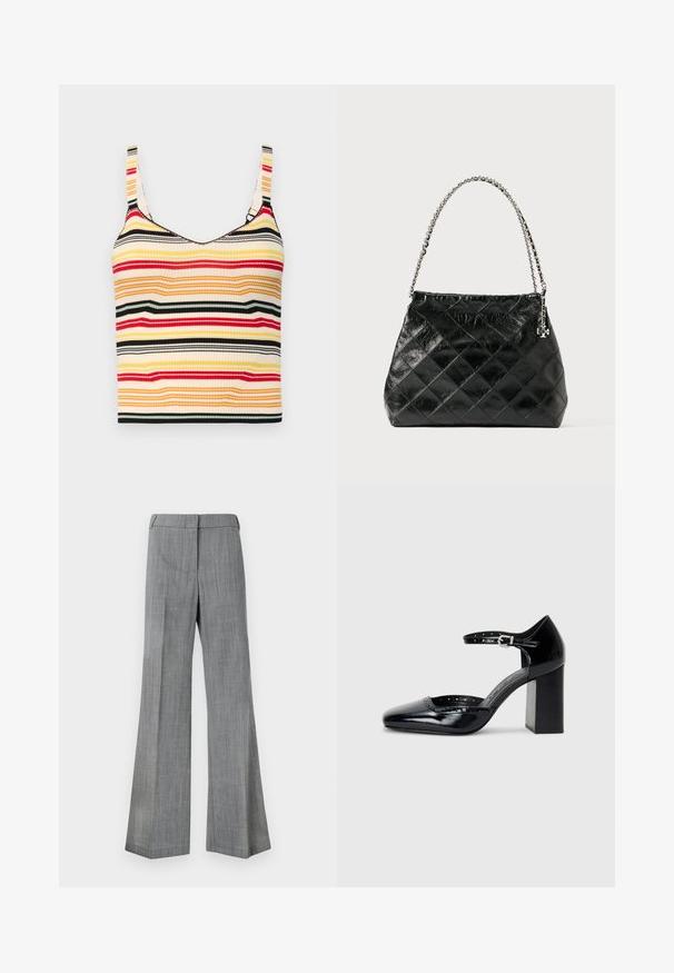 Csíkos, rövidített trikó széles vállpántokkal sárga, piros, fekete és krémszínű színekben. Bordás textúrájú, kerek nyakú.; Szürke, széles lábú nadrág, amely texturált anyagból készült, sima derékrésszel és finom csíkkal.; Fekete patent bőr, magas sarkú cipők négyzetes orral, bokapánttal és vastag sarkal. A szélén lyukacsos díszítéssel.; Fekete, steppelt bőr kézitáska ezüst láncos fogantyúval, strukturált kialakítással és sima textúrával.