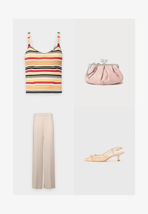 Gestreifter, verkürzter Tank-Top mit breiten Trägern in Gelb, Rot, Schwarz und Creme. Gerippte Textur und runder Ausschnitt.; Beige weit geschnittene Hose aus glattem Stoff, mit hoher Taille und dezenten Vorderfalten. Keine Taschen oder sichtbare Hardware-Details.; Stuart Weitzman KITTY - Pumps - beige/barely beige; Rosa Leder-Clutch mit einem gerafften Design, Metallrahmen, zwei runden Verschlüssen und einem silbernen Kettenriemen. Glatte Textur, kompakte Form.