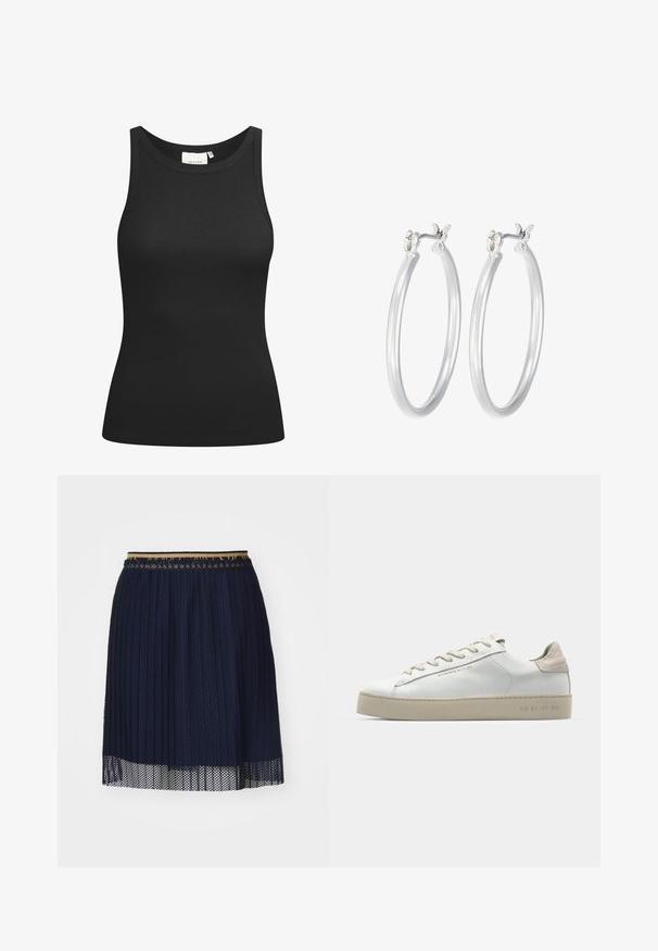 Musta hihaton paita ribbikankaasta, jossa on pyöreä kaula-aukko ja istuva muoto. Tasasaumat ja ei koristeita. Yksinkertainen ja tyylikäs muotoilu.; Tummansininen laskostettu hame, jossa on teksturoitu verkokangas, ja siinä on kontrastivärinen vyötärö ja läpikuultava helma.; Valkoinen nahkakenkä, jossa on sileä pinta, beige mokkanahkavivahteita, pyöreä kärki, litteä nauhattava malli ja teksturoitu kumipohja.; Hope-silver rengas, joissa on sileä ja kiillotettu pinta. Pyöreä muoto ja turvallinen napsautettava lukitus. Kevyt muotoilu sopii päivittäiseen käyttöön.