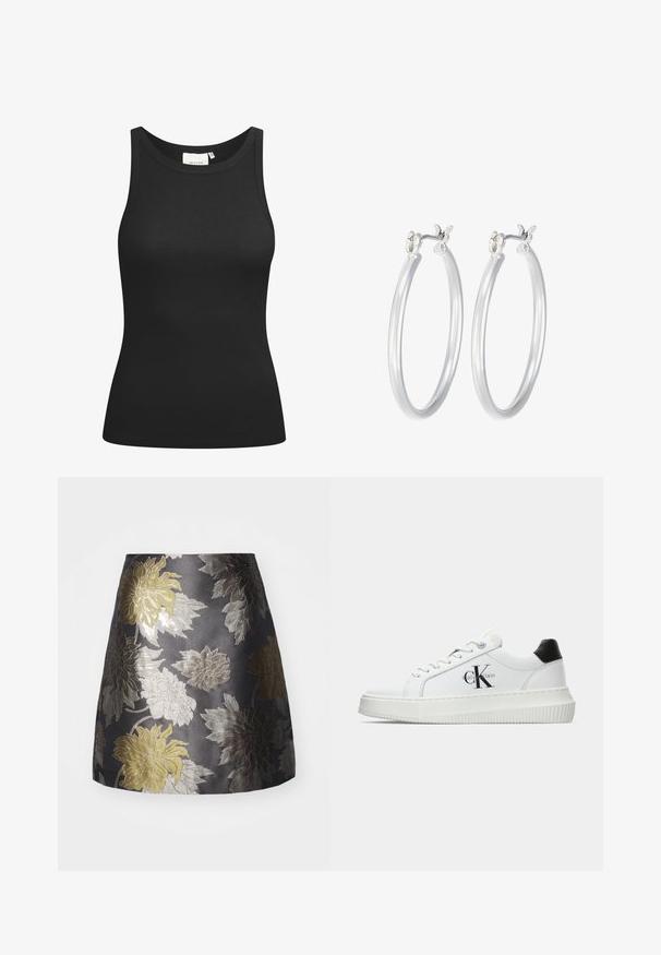 Top negro sin mangas hecho de tela acanalada, con un escote en forma de bote y un ajuste ceñido. Costuras planas y sin adornos. Diseño simple y elegante.; Falda bordada floral en gris oscuro, con patrones de flores en plata y oro, textura suave y un diseño ajustado con dobladillo acampanado.; Zapatilla baja blanca con talón negro, suela de plataforma, cordones y logotipo "CK" de Calvin Klein en el lado.; Pendientes de aro de plata con un acabado liso y pulido. Forma redonda y cierre de click seguro. Diseño ligero adecuado para el uso diario.