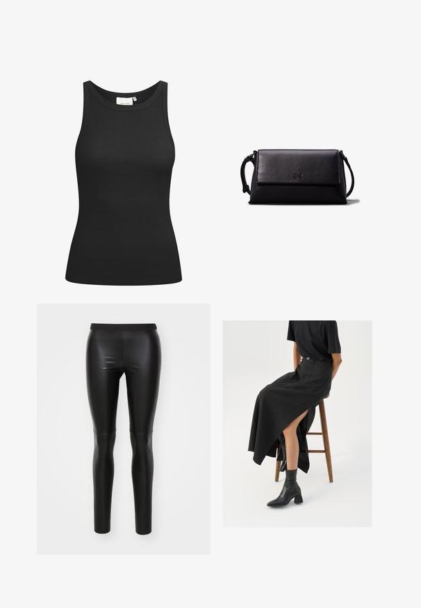 Melnas bezšuvju topiņš, izgatavots no ribota auduma, ar izgriezumu un pieguļošu formu. Gludas šuves un bez rotājumiem. Vienkāršs un elegants dizains.; Melnas legginses, kas izgatavotas no gludas, stiepjamas materiāla ar augstu jostasvietu. Pieguļošs dizains, bezšuvju konstrukcija un nav redzamu kabatu.; Melna lina maxi svārki ar augstu šķēlumu, valkāti ar melnu T-kreklu un melniem potīšu zābakiem. Minimālistisks dizains ar brīvu piegriezumu.; Melna ādas maku ar taisnstūra formu, gludu tekstūru, platu aizdari un nelielu rokturi sānos. Satur diskretu logo.; Calvin Klein STATEMENT LINKS - Auskari - silver-coloured